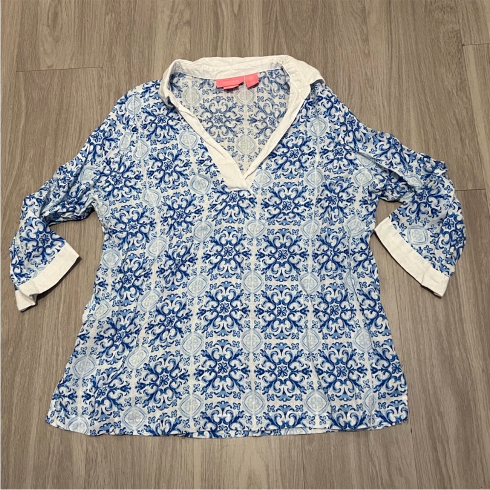Isaac Mizrahi 100% Linen Tunic Blouse XL Blue White Tile Print